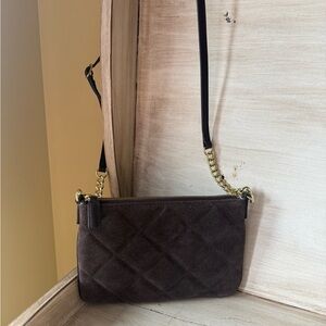Talbot Brown Suede Quilted Crossbody Bag with Gold Chain Detail